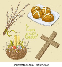 Easter set with linear sketches.Nest with easter eggs, candles, branch of willow, wooden cross, easter cross buns.Text Happy Easter.Hand drawn vintage vector illustration on textured paper background.