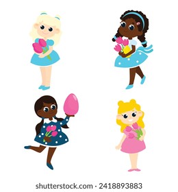 Easter set. Multicultural girls hold flowers and decorative eggs.