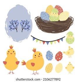 Easter set with nest with eggs, chicken with little chick and flags. Happy Easter greetings text. Design for title for the site ,banner, poster, card, paper print, postcard, background