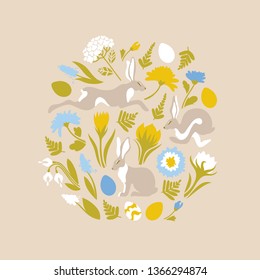 Easter set of objects for design. Print for Easter. Jumping rabbits and spring flowers, ferns. Vector illustration.