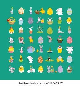 Easter set on the green background. Vector illustration