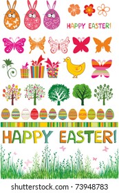 Easter set with ornament eggs, rabbits, butterflies, grass, gift, tree and flowers.  Isolated on White Background. Vector illustration