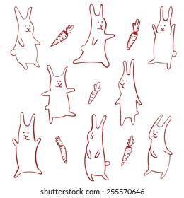 Easter set of outlined bunnies,coloring book, template, rabbits and carrots.