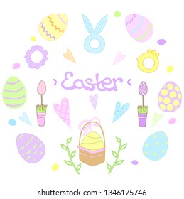 Easter set of painted eggs in pastel colors