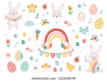 Easter set with painted eggs, rabbits, rainbow, flowers and chickens. Easter and spring elements. Hand drawn vector illustration