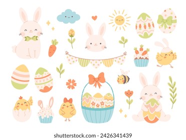 Set de Pascua con huevos pintados, conejos, gallinas, flores, cupcakes. Pascua y elementos de primavera. Ilustración vectorial en estilo plano