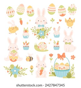 Easter set with painted eggs, rabbits, chickens, flowers, cupcakes. Easter and spring elements. Vector illustration in flat style