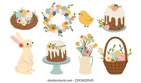 Easter set with painted eggs, rabbits, chickens, flowers, cakes. Easter and spring elements. Vector illustration in flat style. 