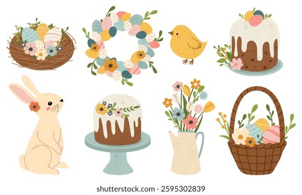 Easter set with painted eggs, rabbits, chickens, flowers, cakes. Easter and spring elements. Vector illustration in flat style. 