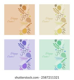 Easter set. Peach-colored greeting card with decorative eggs, branches, and floral patterns. Elegant and warm-toned holiday design