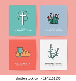 Easter Set of Postcards, Gift Tags, Layouts Drawn in a Linear style with a Stroke. Christian Symbol Cross with Rays, Tulip with Grass, Wine and Bread, Pussy Willow with Copyspase for Text