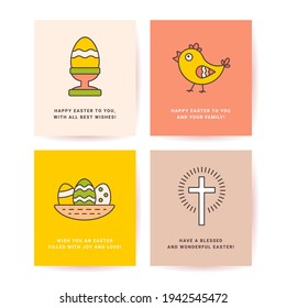 Easter Set of Postcards, Gift Tags, Web Banner Templates Drawn in a Linear style with a Stroke. Christian Symbol Cross with Rays, Egg on a Stand, Baby Chicken with Copyspase for Text