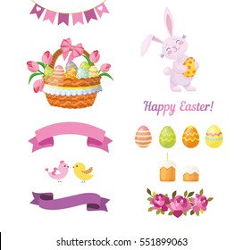 Easter set with rabbit, basket with eggs, Easter cake, ribbons, birds and Happy Easter text. Vector illustration isolated on white background.