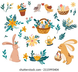 Easter set. Rabbit with basket, flowers, watering can, basket with eggs. Spring. Happy easter. Great for decoration flyers, banners, wallpapers, print products Vector cartoon illustration.