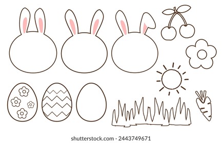 Conjunto de Pascua con conejo conejito dibujos animados, fruta de cereza, flor de margarita. sol, hierba, zanahoria y huevos de Pascua para colorear vector de página.