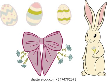 Easter set with rabbit clip art eggs bow isolated on white