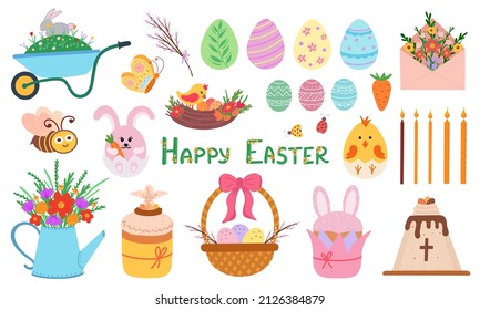 Easter set, rabbit, eggs, basket, flowers and cake. Vector Illustration for backgrounds, covers, packaging, greeting cards, posters, sticker, textile and seasonal design. Isolated on white background.