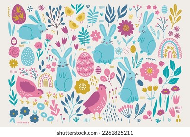 Easter set -  rabbit, hen, egg, chicken, flowers, berry, rainbow, leaves, rose, tulip, bunny, bird, branch isolated on beige background. Perfect for holiday decoration. Vector hand drawn illustration