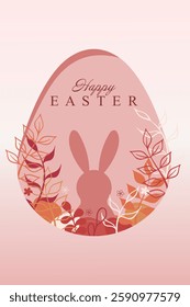 Easter set. Rabbit silhouette inside a red egg, surrounded by intricate floral patterns, warm gradient background, stylish spring greeting, delicate holiday composition, artistic design