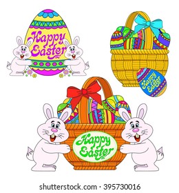 Easter set with rabbits, baskets, eggs and the words "Happy Easter"