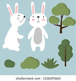 Easter set with rabbits, trees and shrubs.Design for title for the site ,banner, poster, card, paper print, postcard, background