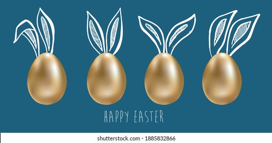 Easter. Set of rabbits's ears, Gold eggs. Hand drawn illustration.	