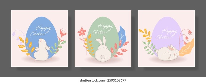 Easter set. Resting rabbit, blue egg, floral ornament, golden leaves, delicate petals, soft pastel hues, seasonal greeting, peaceful spring atmosphere, artistic festive design
