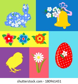 Easter set of retro vector elements, decorative elements, egg, rabbit, bell, chicken, flowers