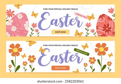 Сheerful Easter set sale banners with festive typography, decorative eggs, spring flowers, and butterflies on white background. Bright festive vector illustrations in concept seasonal Easter sales. 