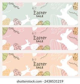 Easter Set of Sale banners. Trendy Easter design with typography, hand painted strokes, eggs and bunny in pastel colors. Modern minimal style. Horizontal poster, greeting card, header for website