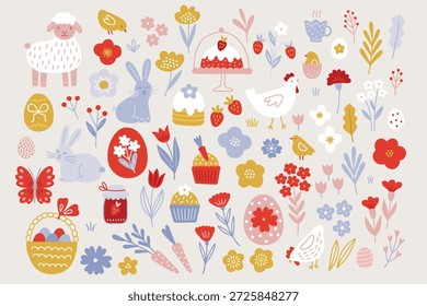 Conjunto de Pascua - oveja, conejo, pollo, pastel, cupcake, mariposa, tulipán, zanahoria, mermelada, canasta de gallina sobre fondo blanco. Perfecto para tarjetas de felicitación de primavera, decoraciones. Vector dibujado a mano ilustración