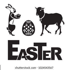 Easter set of silhouette. Laser cutting template. Stencil for laser cut. Perfect for easter. Rabbit with easter egg, easter egg and a lamb on white backgound.