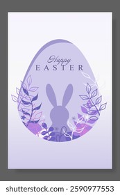 Easter set. Silhouette of a rabbit inside a lilac egg, surrounded by floral elements, delicate pastel tones, elegant holiday greeting, spring nature theme, festive artistic design