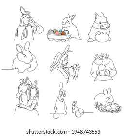 Easter set in simple one line style. Rabbit icon. Woman and kids with bunny ears . Black and white minimal concept vector illustration. Easter Line Icon Set. 