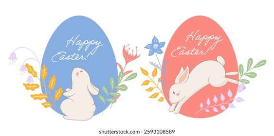 Easter set. Sitting bunny, blue egg, artistic floral details, soft pastel colors, warm spring greeting, peaceful seasonal composition, joyful holiday theme, elegant nature-inspired illustration