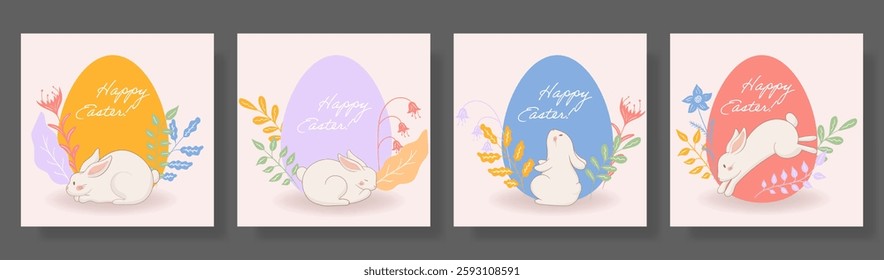 Easter set. Sitting bunny, blue egg, botanical details, gentle floral composition, vibrant pastel palette, festive seasonal greeting, elegant spring-inspired illustration, holiday theme