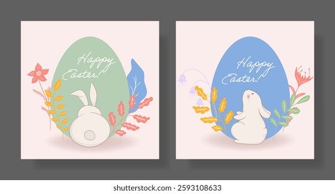 Easter set. Sitting bunny, blue egg, vibrant floral composition, botanical details, warm pastel tones, artistic seasonal greeting, festive nature-inspired decoration, spring celebration