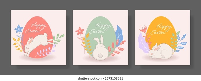 Easter set. Sitting bunny, blue egg, blooming flowers, soft leaves, warm pastel tones, elegant spring theme, Easter greeting, delicate festive composition, nature elements