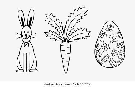 Easter set: sitting rabbit with and carrot and decorated egg. Isolated simple hand drawn illustrations on white background.