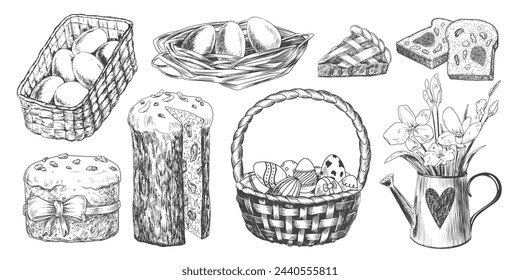 Easter set. Sketch style basket with eggs, paska, Easter cake, nest with eggs, sliced bread, piece of pie. Hand drawn bouquet of flowers in a watering can. Black and white Easter design elements