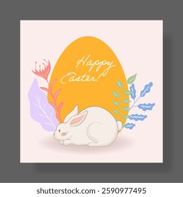 Easter set. Sleeping rabbit, golden egg, floral decorations, soft pastel palette, peaceful seasonal greeting, elegant botanical design, joyful spring-inspired illustration, festive scene