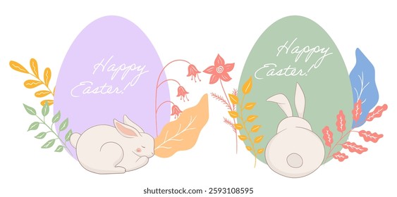 Easter set. Sleeping rabbit, golden egg, botanical decorations, soft pastel tones, warm seasonal greeting, peaceful holiday design, elegant nature-inspired composition, joyful spring scene