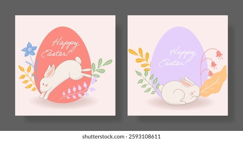 Easter set. Sleeping rabbit, golden egg, botanical decorations, soft pastel colors, peaceful seasonal greeting, warm spring-inspired illustration, festive holiday design, nature elements