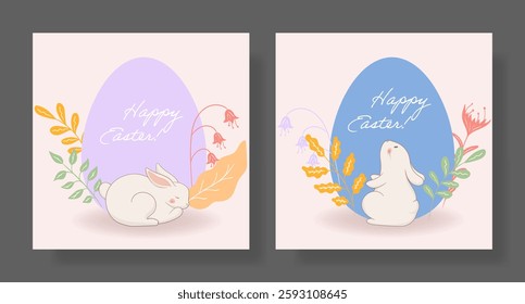 Easter set. Sleeping rabbit, lilac egg, delicate floral decorations, pastel botanical elements, soft holiday design, gentle spring colors, festive greeting, seasonal celebration