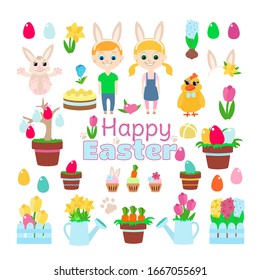 Conjunto de Semana Santa: niños sonrientes y felices, orejas de conejo, conejo, huevos de Pascua, bollos calientes cruzados, sake embutido, daffodil, tulipán, jacintos, crocuses, pollo, latas de riego y cercas floridas. Estilo de caricatura.