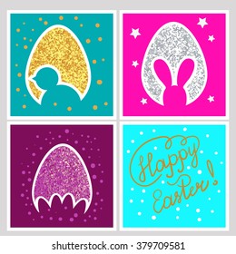Easter set. Sparkling Easter eggs isolated on colorful backgrounds. 