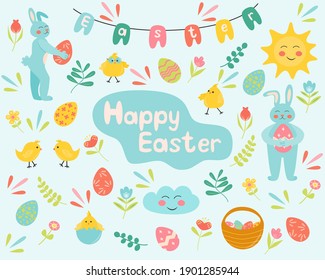 Easter set with spring design elements. Eggs, chicken, rabbit, flowers, basket, leaves, easter bunny. Perfect for holiday decoration, greeting cards, scrapbooking, party invitation poster sticker