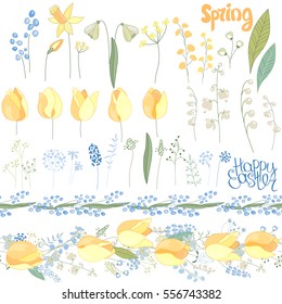 Easter  set with spring tulips, plants,daffodils and herbs. Yellow and blue colors. Objects isolated on white background