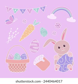 Easter set of stickers with eggs, bunny and carrots. Happy Easter. Vector illustration