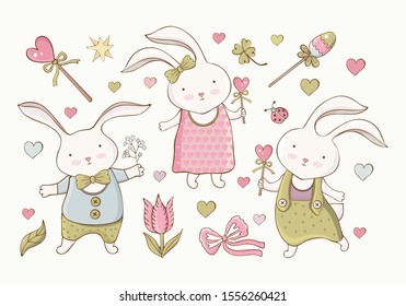 Easter set in vector. Сartoon Easter bunnies and different items. Little rabbit boy and girl. Vintage hand drawn. Kawaii funny animal. Children's illustration in delicate pastel colors. Baby animals. 